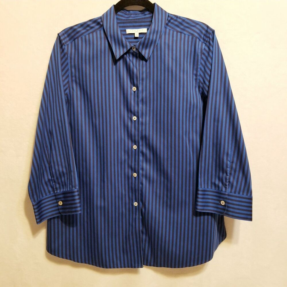 Foxcroft 16 Top Cotton Blue Black Striped Button Front Shaped Fit Office Preppy